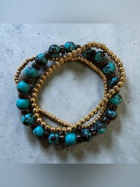 Chinese Turquoise & Plunder Gold Bead Stretch Bracelet Set